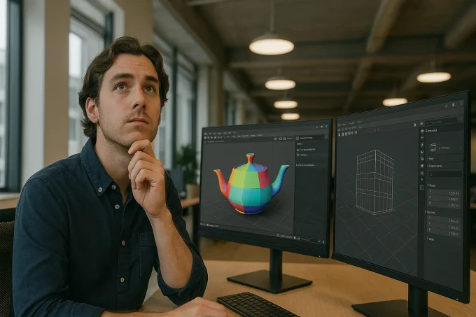 Modern ofiste 3D resim çizme programlarıyla çalışan, yukarı doğru düşünceli bakan genç adam