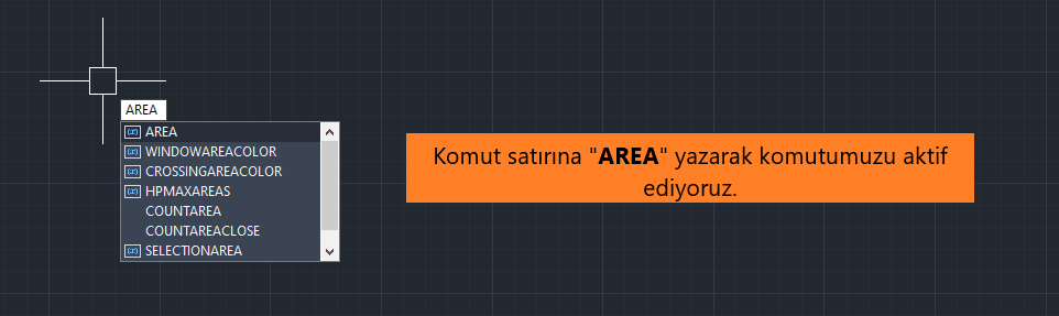 Autocad komut satırına AREA yazarak alan komutunu açma