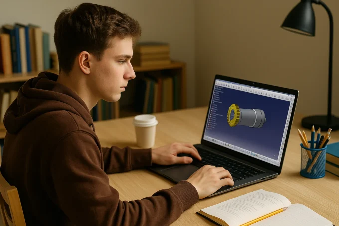 Bilgisayarında CATIA öğrenci sürümü kullanarak 3D modelleme yapan öğrenci