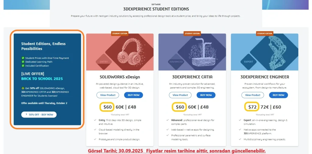 Dassault Systèmes öğrenci sayfasında CATIA, SOLIDWORKS xDesign ve 3DEXPERIENCE ENGINEER paketlerinin listelendiği ekran görüntüsü