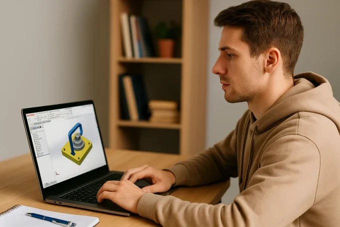 Bilgisayarında SolidWorks öğrenci sürümünü kullanarak 3D modelleme yapan öğrenci