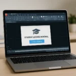 Masada açık duran bir dizüstü bilgisayar ekranında AutoCAD öğrenci lisans yenileme ekranı görünüyor, yanında defter ve kalemler yer alıyor.