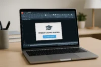 Masada açık duran bir dizüstü bilgisayar ekranında AutoCAD öğrenci lisans yenileme ekranı görünüyor, yanında defter ve kalemler yer alıyor.