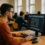 Üniversite sınıfında bilgisayar başında AutoCAD kullanan erkek öğrenci, ekranda mimari çizim arayüzü açık şekilde çalışıyor.
