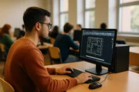 Üniversite sınıfında bilgisayar başında AutoCAD kullanan erkek öğrenci, ekranda mimari çizim arayüzü açık şekilde çalışıyor.