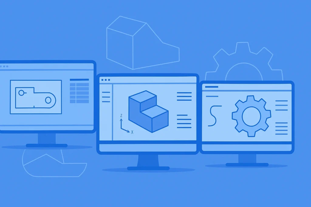 Üç bilgisayar ekranında AutoCAD, SolidWorks ve CATIA benzeri CAD arayüzleri gösteriliyor. Mavi tonlarda sade bir arka planda 2D ve 3D teknik çizimler yer alıyor; farklı CAD yazılımlarındaki tasarım bakışlarını temsil ediyor.