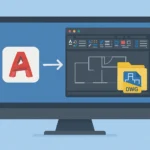 AutoCAD’de DWG dosya sürümlerini değiştirmeyi simgeleyen minimalist illüstrasyon, bilgisayar ekranında AutoCAD arayüzü ve DWG dosya ikonu ile birlikte.