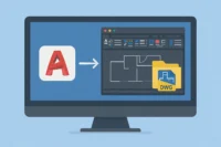 AutoCAD’de DWG dosya sürümlerini değiştirmeyi simgeleyen minimalist illüstrasyon, bilgisayar ekranında AutoCAD arayüzü ve DWG dosya ikonu ile birlikte.