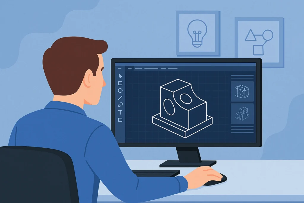 Bir tasarımcı, bilgisayar ekranında 3D CAD model üzerinde çalışıyor. Mavi tonlarda hazırlanmış minimalist sahne, teknik yaratıcılığı ve mühendislik sürecini yansıtıyor.