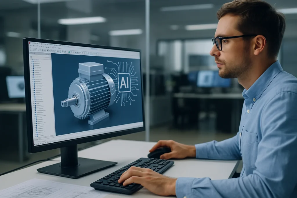 Mühendis bilgisayarında generatif tasarım modeli üzerinde çalışıyor; yapay zekâ destekli CAD sistemi organik, ağ yapılı 3D model önerileri oluşturuyor.