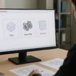 Bilgisayar ekranında SolidWorks açılış ekranı açık, bir mühendis masa başında Parça, Montaj ve Teknik Resim seçeneklerini inceliyor. Gerçekçi çalışma ortamı.