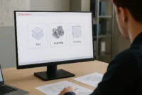 Bilgisayar ekranında SolidWorks açılış ekranı açık, bir mühendis masa başında Parça, Montaj ve Teknik Resim seçeneklerini inceliyor. Gerçekçi çalışma ortamı.
