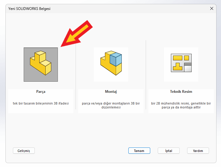 SolidWorks programının açılış ekranı ve arayüzü, Parça, Montaj ve Teknik Resim seçeneklerinin bulunduğu menü alanı görünümü.