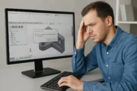 SolidWorks ayarlarını sıfırlama işlemi yapan mühendis, bilgisayar ekranında 3D modelleme arayüzü üzerinde çalışıyor. SolidWorks programında ayar sıfırlama ekranı açık, modern ofis ortamı.