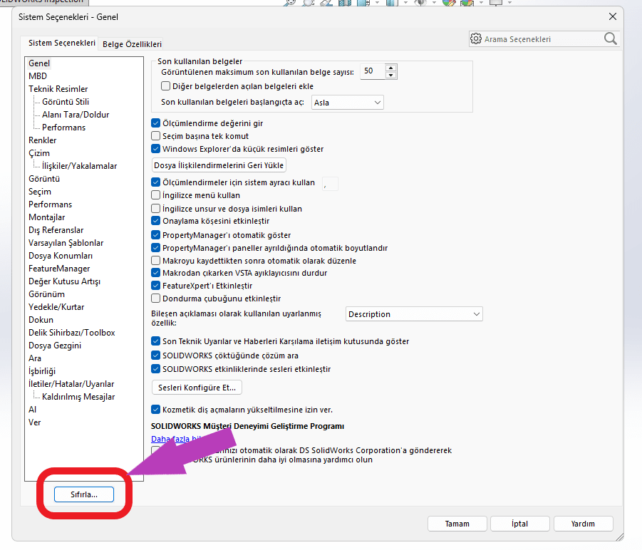 Solidworks sistem seçeneklerini gösteren ayarlar ekran görüntüsü