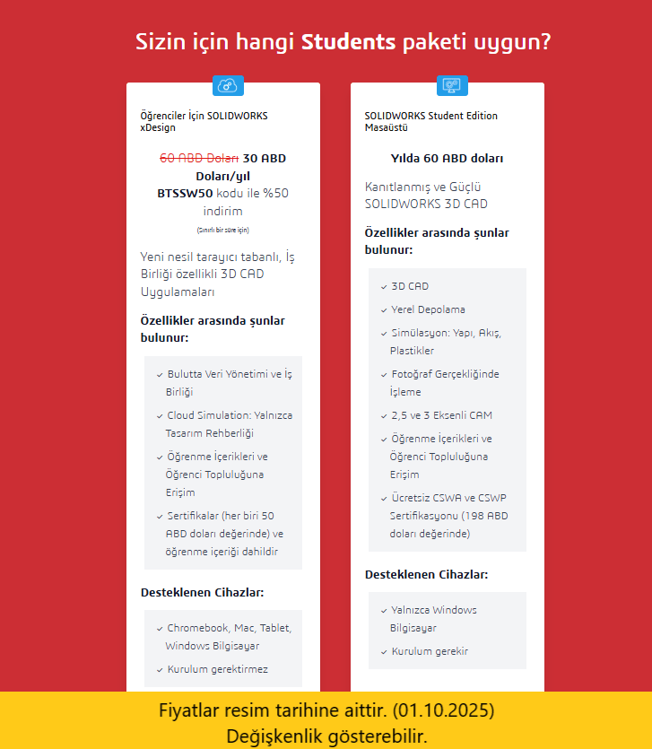 SolidWorks xDesign ve Student Edition paketlerinin yıllık fiyatları, özellikleri ve desteklenen cihazları gösteren resmi ekran görüntüsü