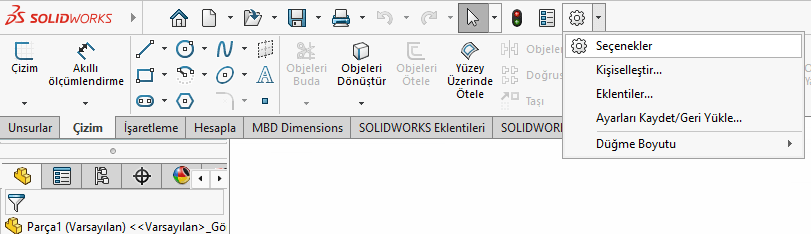 SolidWorks ayarlar seçeneğine girme işlemini gösteren ekran görüntüsü
