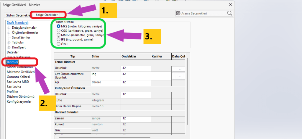 Solidworks belge özelliklerinden kalıcı olarak ölçü ayarlarını değiştirmeyi gösteren ekran görüntüsü