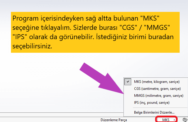 Soldiworks programında birimler arası geçiş, birim değiştirmeyi gösteren seçenek ekran görüntüsü