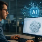 Bilgisayarında 3D model üzerinde çalışan mühendis, yapay zekâ destekli CAD sistemleriyle akıllı tasarım sürecini yönetiyor; arka planda dijital veri akışı görünüyor.
