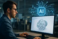 Bilgisayarında 3D model üzerinde çalışan mühendis, yapay zekâ destekli CAD sistemleriyle akıllı tasarım sürecini yönetiyor; arka planda dijital veri akışı görünüyor.