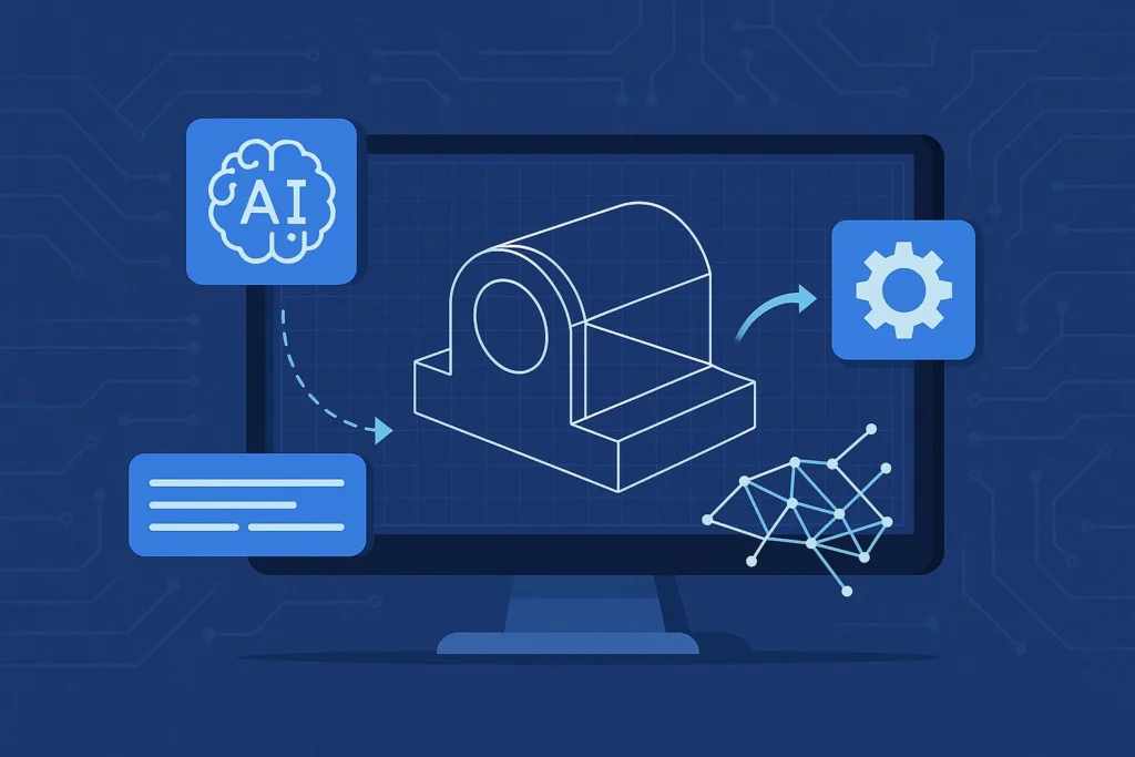 Mavi tonlarda dijital ağlar ve 3D modelleme öğeleriyle yapay zekâ destekli CAD sistemlerinde veri akışını ve tasarım sürecini simgeleyen görsel.