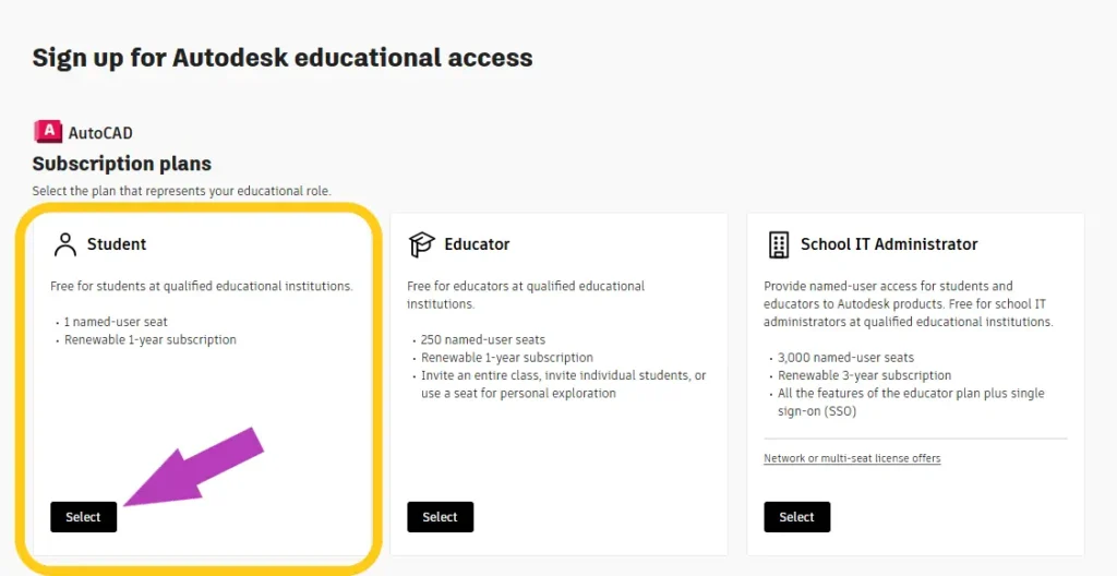 Autocad öğrenci sürümü almak için başvuru ekran görüntüsü