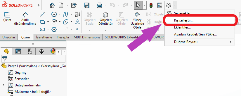 Solidworks programında ayarlar ve kişiselleştir seçeneğinin ekran görüntüsü